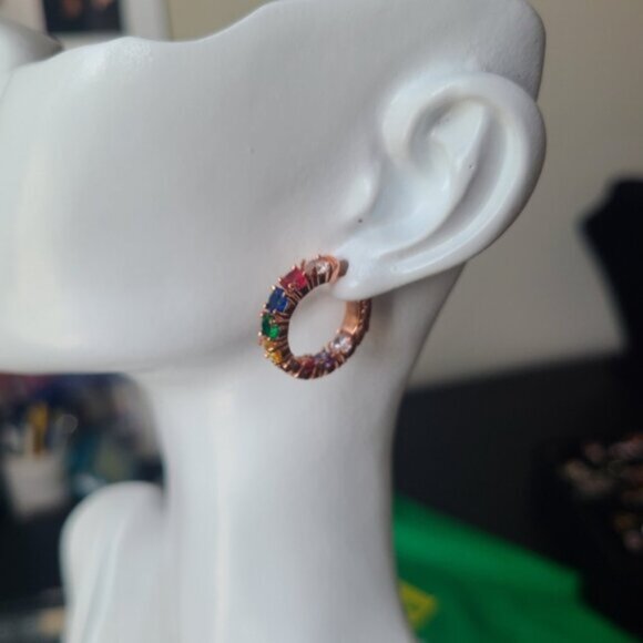 Gorgeous Vintage Rose Gold Rainbow Gemstone Crystal Hoop Earrings Multicolour - Picture 9 of 12